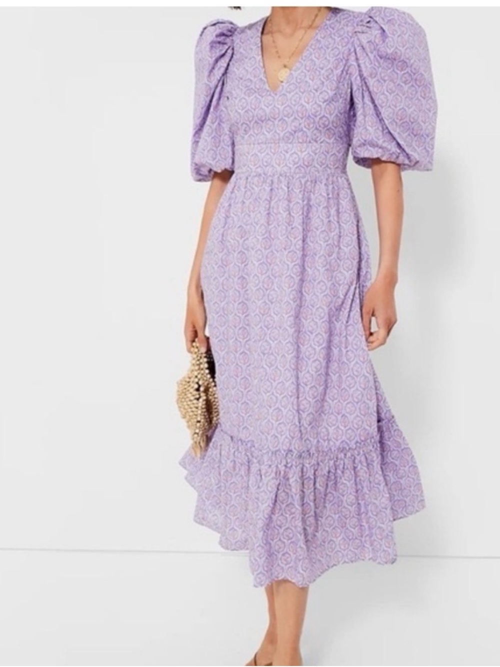 Hyacinth House Lavender Midi Dress with V-Neck and Ruffle Hem